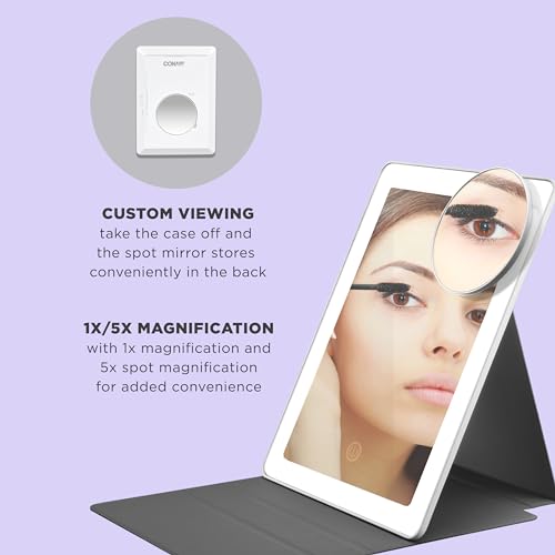 Conair Lighted Makeup Mirror, LED Vanity Mirror, 1X/5X Magnifying Mirror, Foldable with Case, Battery Operated and Rechargeable in White