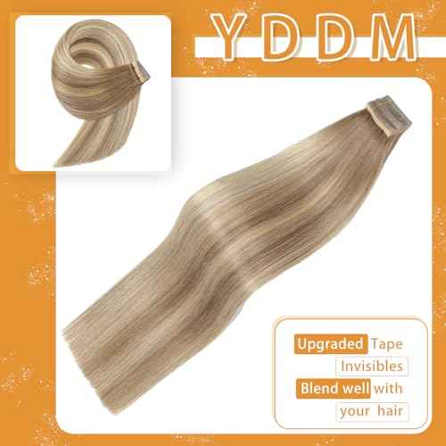 YDDM Tape in Hair Extensions, 20pcs 20 Inch Balayage Gold Brown Mixed Dark Blonde Straight 100% Remy Human Hair Seamless Invisible Tape in Hair Extensions Human Hair(10/10/22#, 20 Inch)