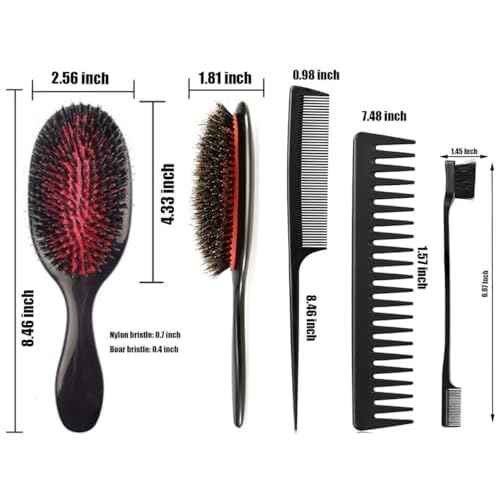 Boar Bristle Detangling Paddle Hair Brush and Comb Set for Women Men, Anti-frizz Styling Hairbrush for Curly Fine Wavy Natural Tangled Hair, Boar Nylon Bristle Cushioned Brush