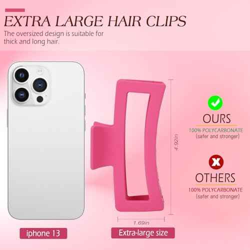5 PCS 5 Inch Extra Large Claw Clips for Women, Acrylic Jumbo Claw clips for Thick Long Curly Hair, Rectangle Matte Hair Claws Clips, Non-slip Square Hair Clips for Women, Christmas Gifts (cherry pink)