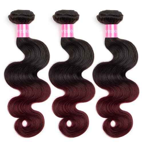 Ombre Brazilian Virgin Hair Body Wave Human Hair Bundles 12+14+16 inch 3 Bundles 100% Virgin Hair Bundles 2 Tone Black to Burgundy Human Hair Weave(12 14 16, T99J#)