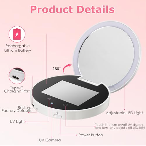 UV Camera for Sunscreen Test UV Mirror Sunscreen Camera, 3.8 Inch Rechargeable 2X Magnifying Vanity Mirror with Light Handheld Double-Sided Pocket Mirror for Skin Protection(White)