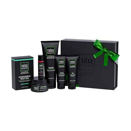 Tiege Hanley Skin Care Gift Box for Men, Silver Gifting Skincare Set With Daily Face Wash, Exfoliating Scrub, AM & PM Moisturizer, Clay Mask, Lip Balm, & Body Bar Soap, Men¡¯s Skin Care, 6 Piece Set