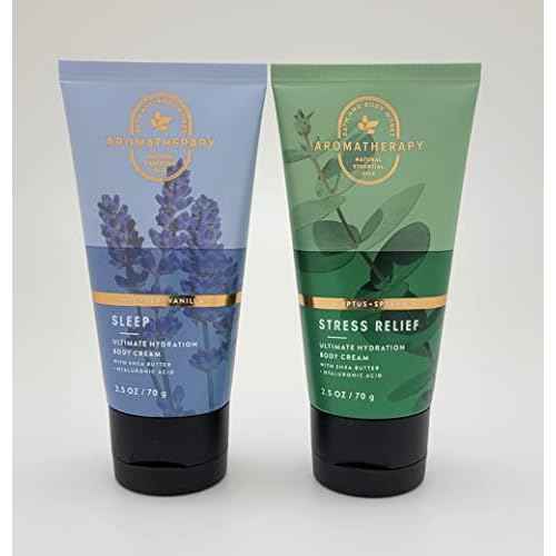 Bath & Body Works - Aromatherapy - Travel Size - 2 pc Bundle - Ultimate Hydration Body Cream - Sleep - Lavender Vanilla - 2.5 oz & Stress Relief - Eucalyptus Spearmint - 2.5 oz