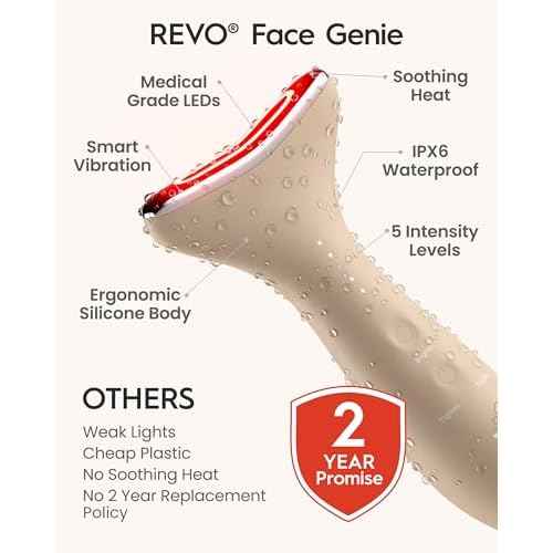 REVO Genie | 3-in-1 Face & Neck Beauty Massager with Heat, 3 Light Therapies, Smart Vibration | Red Light, Blue Light, Green Light Therapy for Wrinkles, Hyperpigmentation, Acne & More - Beige