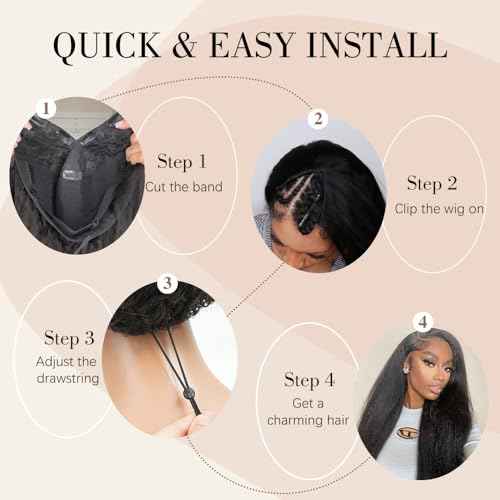 Kinky Straight V Part Wig Human Hair 20 Inch V Part Wig For Women with Drawstring 180% Density Upgrade Glueless U Part Wig No Leave Out No Sew In Kinky Straight Human Hair Wigs Natural Black