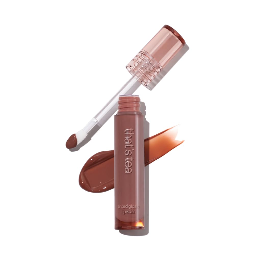 wuv.u Glossy Lip Stain – Plumping Hydrating Lip Oil Tint with Hyaluronic Acid & Peptide Complex – Non-Sticky High Shine Pigmented Finish – That’s Tea (Brown) 0.11 oz.