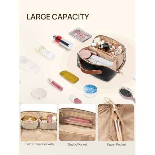 Telena Leather Make Up Bag Portable Travel Makeup Bag Waterproof Cosmetic Bags for Women Large Capacity With Handle and Divider Open Flat