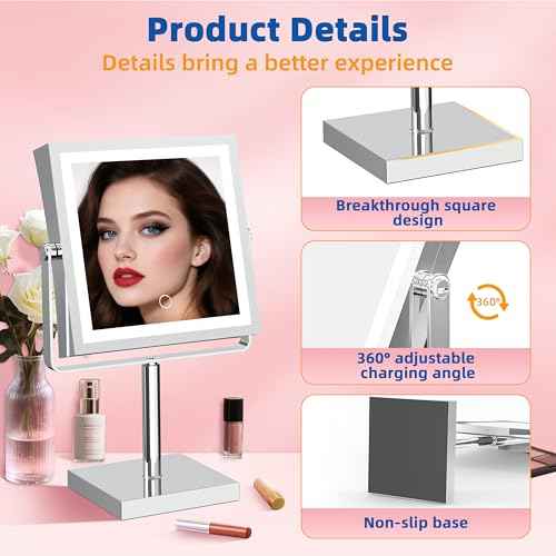 Ruacq Rechargeable Makeup Mirror, 4000mAh Lighted Makeup Mirror with Magnification 1X/10X, Height Adjustable Vanity Mirror with Lights, 3 Color Lights, Adjustable Brightness, 360¡ÆRotation (Chrome)
