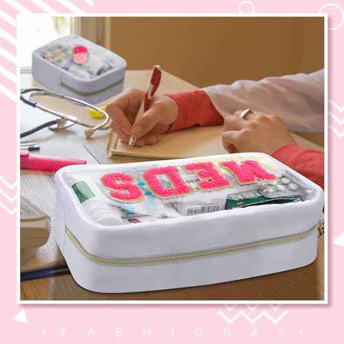 Hillban 2 Pcs Medicine Chenille Letter Bag Preppy Clear Nylon Portable Makeup Meds Cases for Travel PVC Transparent Mini First Aid Storage Bag Gift for Christmas Women(Adorable)