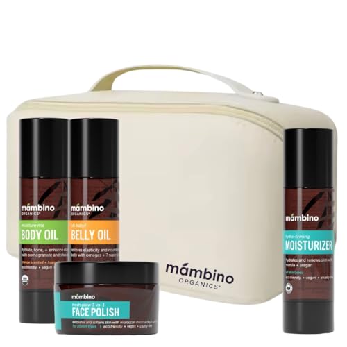 Second Trimester Set ? All Natural Skincare Pregancy Gift Box ? Anti-stretch mark Belly Oil, Moisturizing Body Oil, Face Polish, Face Moisturizer - Mambino Organics
