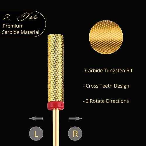 Nail Drill Bit, CORFULRA Super Long Barrel Nail Bit Carbide Tungsten Drill Bit for Nails, Upgrade Professional Advanced bit for Removing Acrylic Nails. Nail Tech Mush Haves (Gold, F)