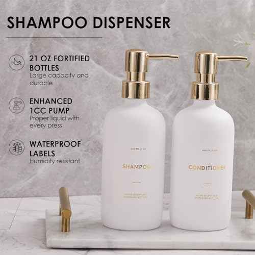 HOMCDALY Shampoo and Conditioner Dispenser, 21oz 3-Pack Refillable Pump Bottles, Shampoo Container, Empty Pump Bottle, Bathroom Shower Dispenser£¨21oz-White&Gold£©
