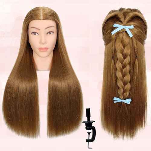 Mannequin Head Human Hair, 80% Real Hair Cosmetology Manikin Head for Practice Braiding Hairstyling Cutting with Free Clamp Holder and Tools (Light Brown)
