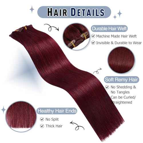 Sunya Clip in Hair Extensions Real Human Hair 7 Pcs Human Hair Clip in Extensions 20 Inch Straight Double Weft Remy Human Hair Extensions Clip ins for Women #99J Burgundy 80G
