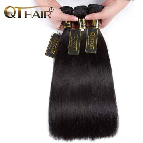 QTHAIR 16A Straight Human Hair Bundles 100% Unprocessed Indian Virgin Human Hair Extensions Indian Straight Virgin Human Hair Bundles (18" 18" 18",300g,Natural Black)