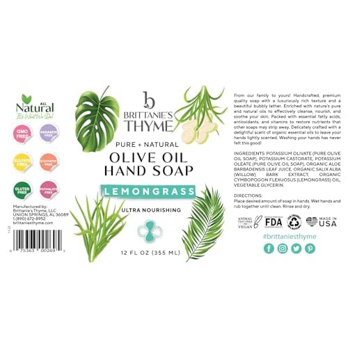 Brittanie¡¯s Pure Castile Soap ? Lemongrass, 1 Gallon (128 oz) | Natural Multi-Purpose Cleaner & Body Wash | Concentrated, Biodegradable, Eco-Friendly Soap for Hands, Face, Laundry & Household Cleaning