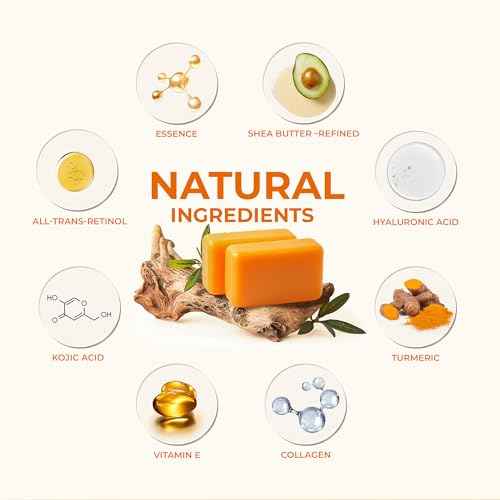 Kojic Acid Soap, Turmeric Soap Bar for Dark Spots Brightening & Moisturizing with Collagen, Vitamin E, Retinol, Hyaluronic Acid, Shea Butter, Paraben & Sulfate-Free 105g x4 Bars