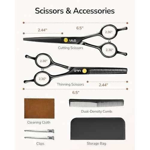 ULG Professional Hair Cutting Scissors Set ? 6.5¡± Japanese Stainless Steel Barber Shears & Thinning Scissors with Comb, Clips & Case ? at-Home Salon Haircut Kit for Men, Women, Kids, Black
