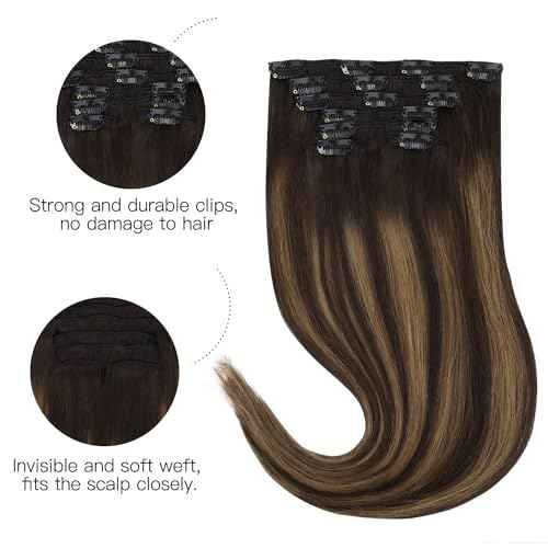 HOTBANANA Human Hair Clip in Hair Extensions, Balayage Dark Brown Mixed Chestnut Brown 120g Clip in Hair Extensions Real Human Hair Straight Remy Hair Clip Ins Dark Roots Ombre 18 Inch 7pcs