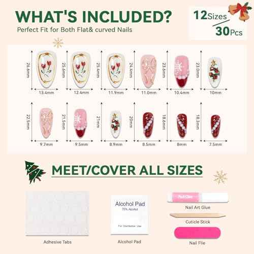 Christmas Press On Nails Medium-Reusable Almond Fake Nails with 3D Bow Pearl Snowflakes Xmas Tree Designs Red French Tips Nails Glitter Winter Xmas Nails Press On for Women Girls,30 Pcs