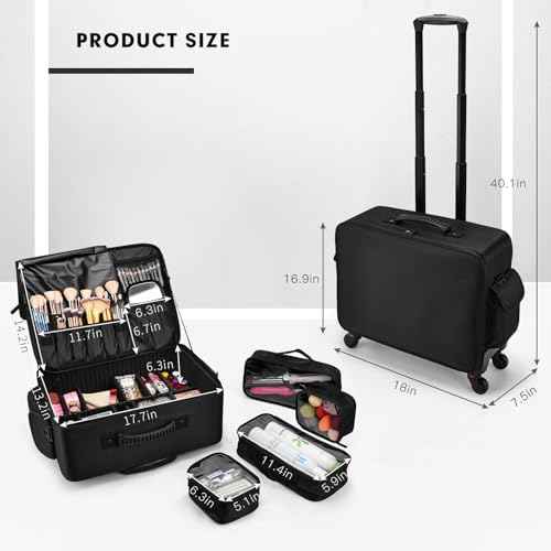 Rolling Makeup Case Cosmetology Case on Wheels Extra Large Cosmetic Artist Bag Portable TravelCase for Hairstylists Nail Tech Traveling Professional Make Up Train Suitcase Carts Trolley, Black