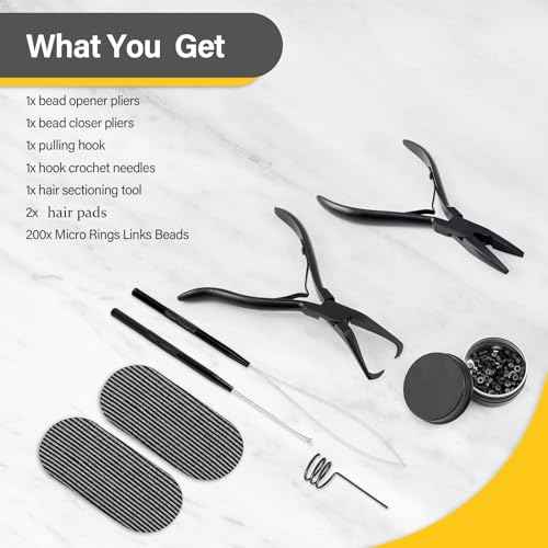 Gomake Microlinks Hair Extensions Kit, Hair Extension Closer and Removal Pliers, Micro Beads Pulling Hook & Microbead Loop Tool, Micro Links Silicone Rings Bead 200PCS(Black)