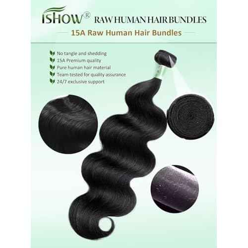 ISHOW Raw Human Hair Bundles, 100% Unprocessed Virgin Human Hair, 15A Body Wave Premium Quality Bundles Producer, 18 Inch Single Bundle, Long Lasting, Color 1B