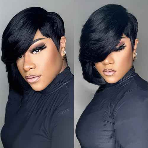 Chic Elegent Pixie Cut Human Hair Wigs for Women Short Layered Pixie Cut Straight Human Hair Wigs With Bangs Natural Black Color Glueless Brazilian Virgin Straight Human Hair Wig (1b)