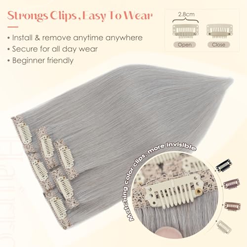 Hairro 6PCS 6 Clips In Short Hair Extensions Remy Real Human Hair Clip Ins Mini Clip On Hairpin Hairpieces For Women 33g 12 Inch #Silver Grey