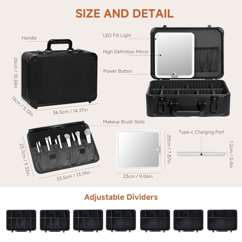 15"x11" Makeup Case with Lighted Mirror & Brush Holder - Waterproof Travel Organizer, Customizable Storage, Rechargeable LED Vanity for Women (black)