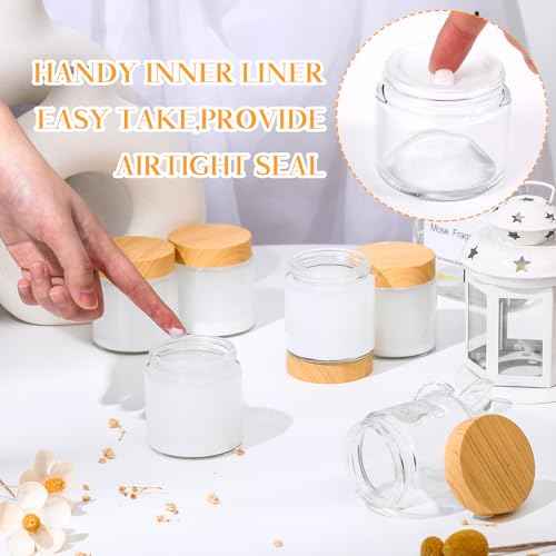 Norme 12 Pcs 4 oz Glass Jars with Lids Empty Small Glass Containers and Inner Liners Reusable Cosmetic Jars Round Airtight Bottles with Plastic Woodgrain Lids for Travel