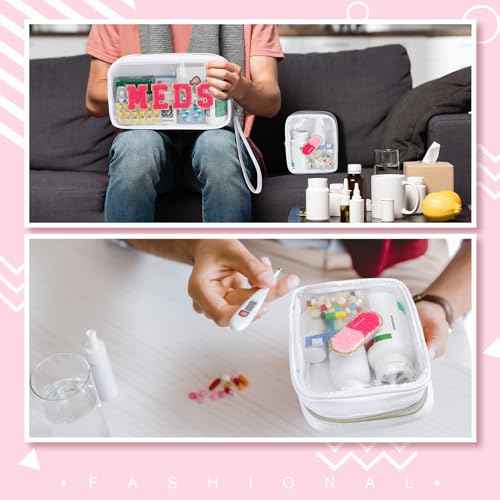 Hillban 2 Pcs Medicine Chenille Letter Bag Preppy Clear Nylon Portable Makeup Meds Cases for Travel PVC Transparent Mini First Aid Storage Bag Gift for Christmas Women(Adorable)