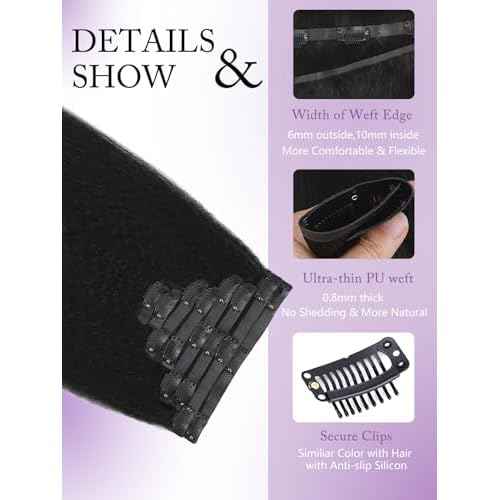Seamless PU Clip in Hair Extensions for Black Women 100% Unprocessed Brazilian Human Hair PU Thin Weft Kinky Straight Clip ins Natural Black 8Pcs 18Clips 120g (PU-Kinky Straight #1B, 20 Inch)