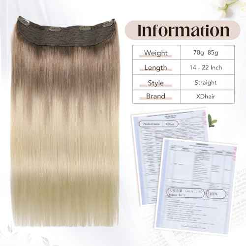 XDhair Wire Hair Extensions Human Hair 70g 16 Inch Ombre Light Brown to Ash Blonde Fish Wire Hair Extensions Invisible Straight 16 Inch #8T60