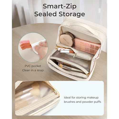 BAGSMART Travel Makeup Bag, Make Up Bag with Multiple Compartments for Organizer, Durable & Compact Cosmetic Organizer for Women for Travel Accessories (Beige)