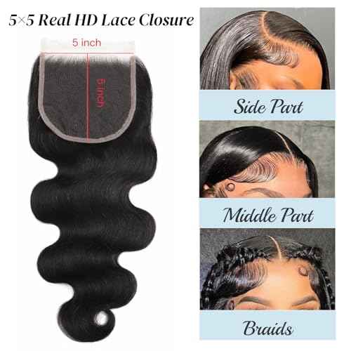 5x5 SKINLIKE 100% Real HD Lace Closure Body Wave Human Hair Closure 0.095mm Ultra-thin Invisible Swiss HD Lace Closure Pre Plucked Small Single Knots Brazilian Virgin Human Hair Closure 22inch