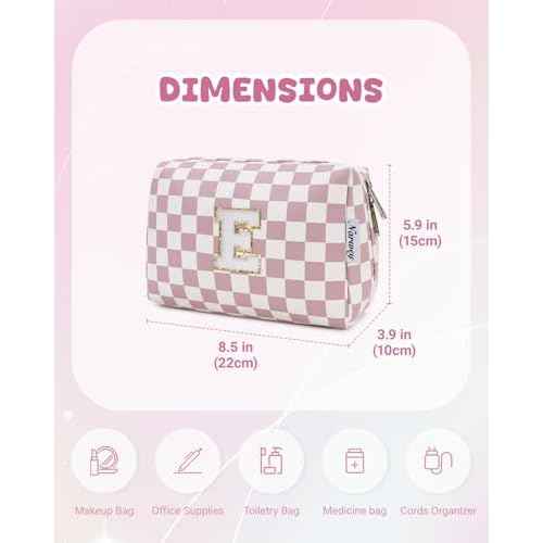 Narwey Birthday Gifts for Teen Girls Kids Women Personalized Initial Checkered Makeup Bag Pink Monogram Cosmetic Bag Trendy Stuff 6 8 10 11 12 13 14 16 18 Years Old Travel Toiletry Bag (Dusty Rose J)