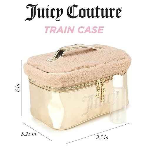 Juicy Couture Gold Makeup Bag Cosmetics Organizer Travel Essentials Train Case Shiny Rhinestones Faux Shearling