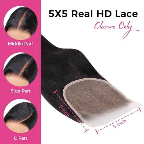 Lashey 5x5 SKINLIKE Real HD Lace Closure Straight, 0.10mm Ultra thin HD Lace Human Hair Closure Pre Bleached Knots Pre Plucked Invisible Hairline 14 Inch Natural Black