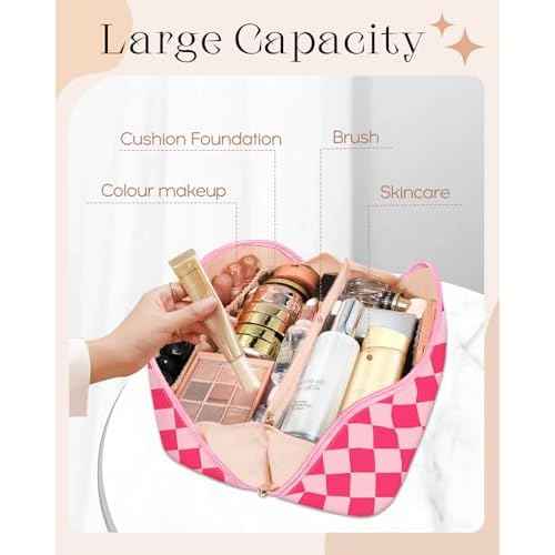 Bistup Makeup Bag Travel Cosmetic Bag Toiletry Make Up Bags Cute Women Large Capacity Big Medium Leather Checkered Plaid Hotpink Aesthetic Girl Teen Teenage Foldable Expandable Open Flat Zip