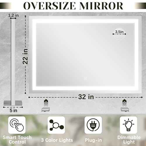 ROLOVE 32x 22 Inch Large Lighted Vanity Mirror with Dimmable 3 Modes, LED Makeup Mirror for Bathroom £¦ Dressing Room, Tabletop or Wall-Mounted, White