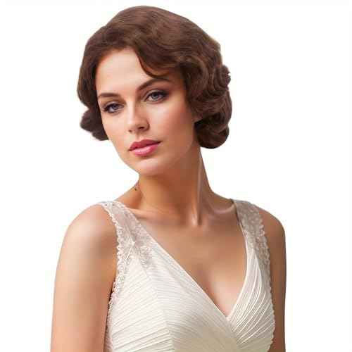 H&Bwig Short Ash Brown 20s Wigs for Women Natural Finger Wave Synthetic Hair Wig for Women Lady Ladies Cosplay Anime Party Costume Anime Flapper Wig