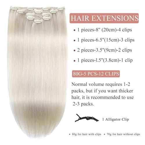 Clip in Hair Extensions Real Human Hair 22 Inch Clip ins Extensions Remy Human Hair for Women #60 Platinum Blonde Hair Extensions for Wedding,Daily Wear 80g/2.82oz 5pcs