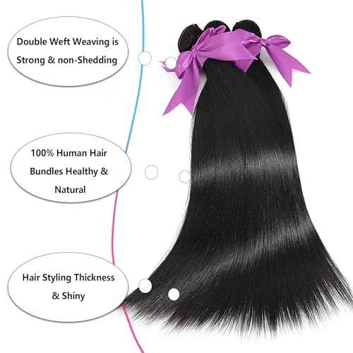 12A Human Hair Bundles 16 18 20 Inch Straight Bundles Human Hair 100% Unprocessed Brazilian Virgin Weave 3 Bundles Deals Thick & Tangle Free¡¦
