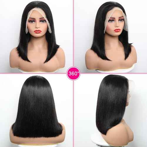 Bob Wig Human Hair 13x6 HD Frontal Lace Wig 180% Density Short Bob Wigs for Black Women Pre Plucked 100% Brazilain Virgin Human Hair Wigs - 14 Inch 13x6 Straight Bob Wig Natural Black Color