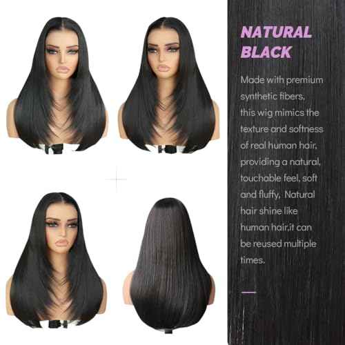 U&A Ua Hair Glueless Natural Black Straight Layered Wig Wear and Go 9x7 Lace Front Synthetic Wig Pre style Pre Plucked Pre Cut Vivid Self-growing Hairline Tiny Knots Premium Fiber 22Inch