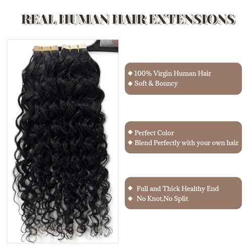 Water Wave Tape in Hair Extensions Human Hair, Natural Black Hair Extensions Real Remy Human Hair Tape ins for Black Women, 20 Inch 100g/pack 40pcs Double Sided Invisible Tape Hair Extension