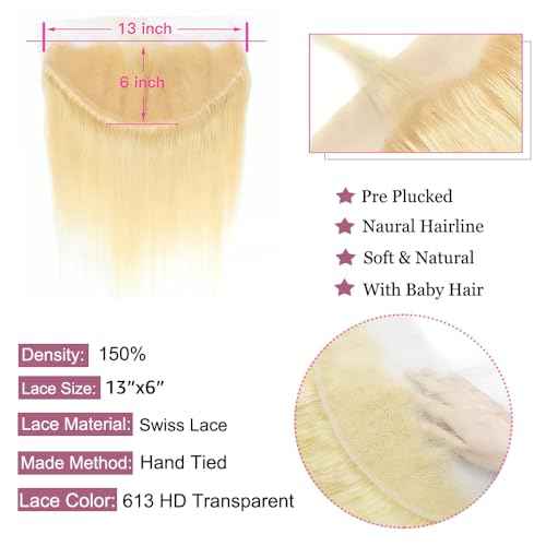 613 Frontal Straight 13x6 Transparent HD Lace Frontal Closure 12A Brazilian Virgin Remy Hair Free Part Ear to Ear Blonde Frontal Human Hair For Women Pre Plucked With Baby Hair 150% 14 Inch
