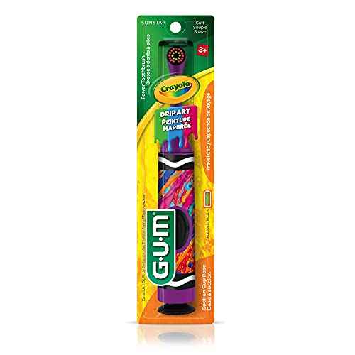 GUM Crayola Drip Art Kids Power Toothbrush, Extra Soft Toddler Toothbrushes, Battery Powered, Travel Cap, Suction Cup Base, Ages 3+, Batteries Included, 2 Pack